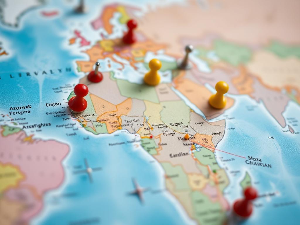 A close up shot of a world map with pins