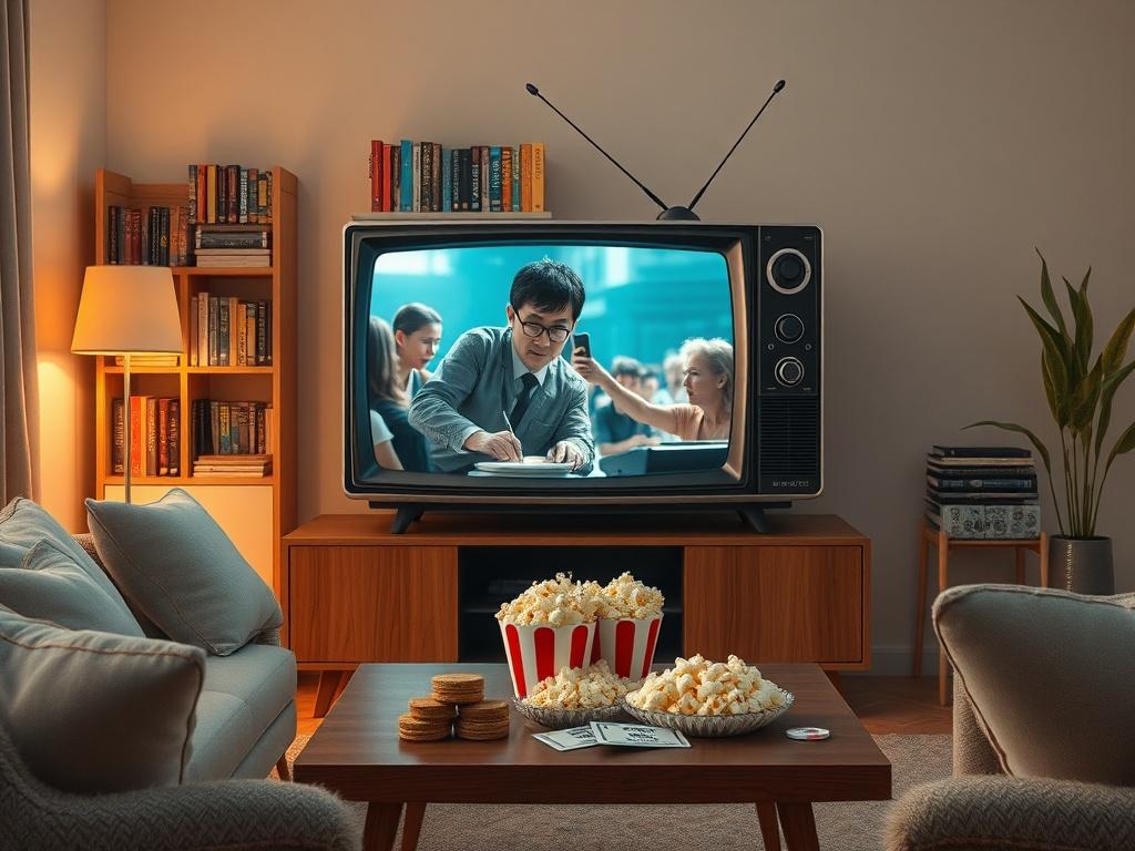 Create a realistic high-resolution image that embodies the theme of a blog titled "Legjobb filmek a tévében." The composition should be minimalistic and straightforward, featuring a single subject: a vintage television set displaying a captivating movie scene. The television should be positioned centrally in the frame, with a clear view of the screen showing an iconic moment from a popular film, depicting engaging characters or dramatic action.

The background should consist of a cozy living room setting, f