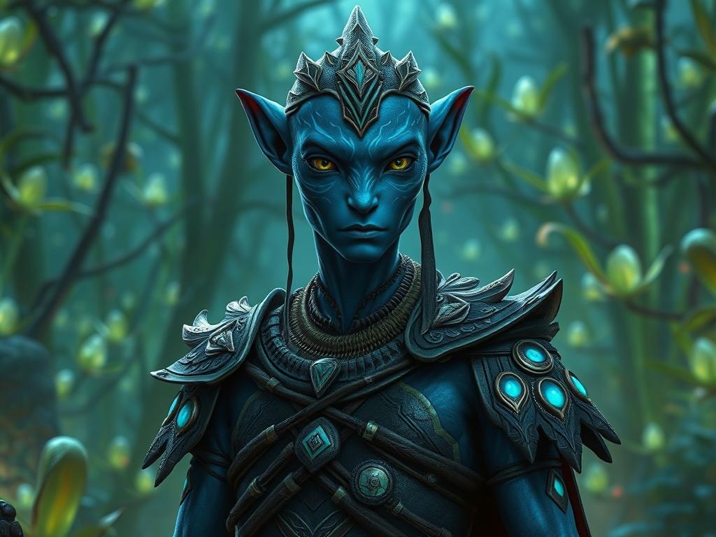 **Prompt for AI Image Generation:**

Create a realistic high-resolution photo that captures the essence of "Avatar: Tűz és hamu." The composition should be simple and clear, featuring a single, striking subject: a Na'vi warrior adorned in intricate tribal armor, standing confidently amidst a vibrant, bioluminescent forest. 

The warrior should have a fierce yet noble expression, embodying the strength and grace of the Na'vi culture. Their skin should be a vivid blue, with subtle glowing patterns that reflec