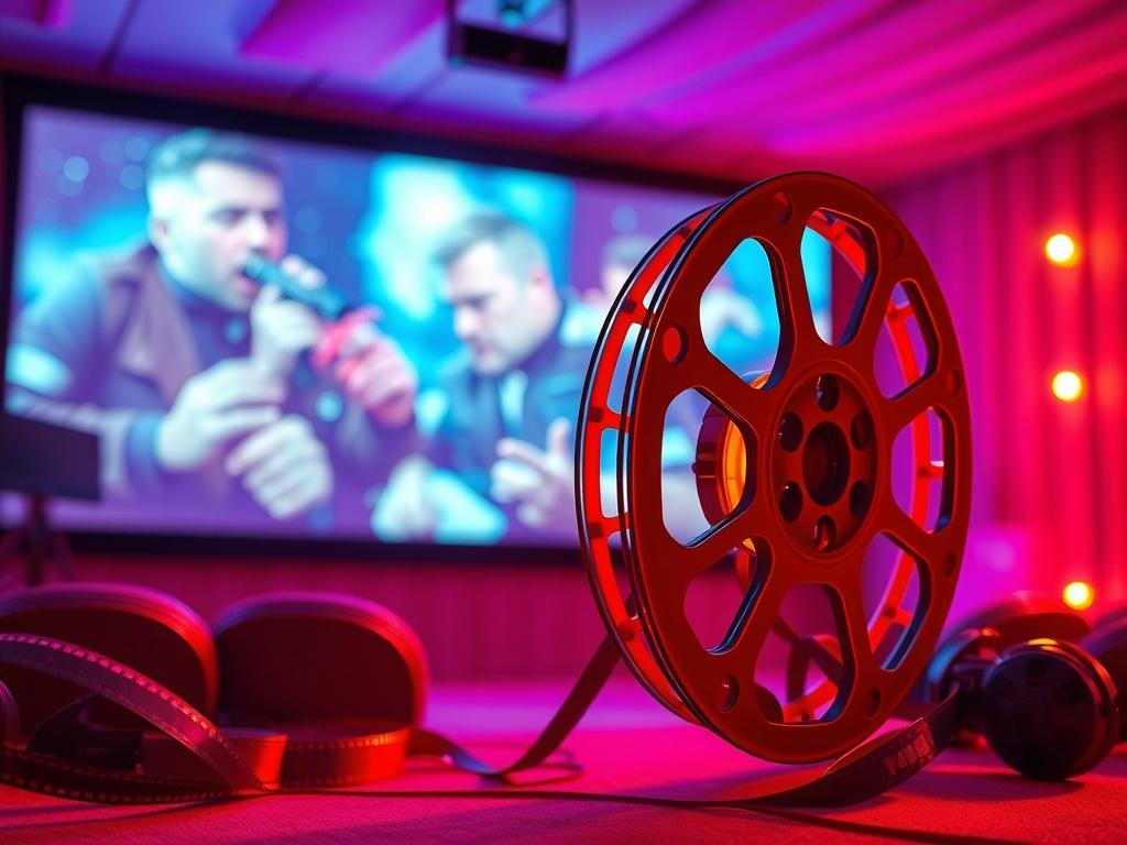 A high resolution image of a film reel with vibrant