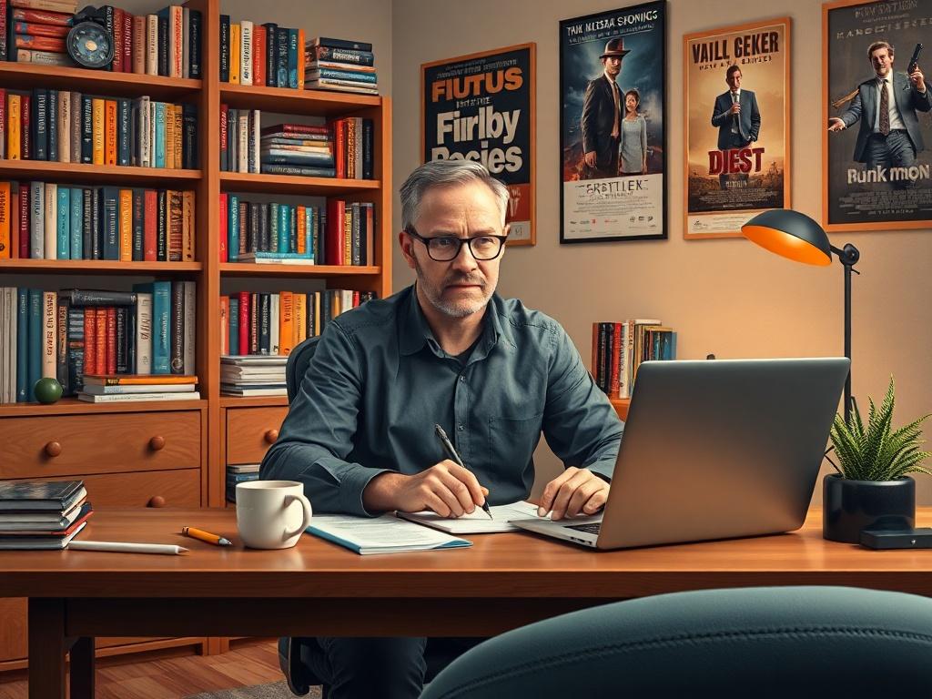 A high resolution image of a film critic sitting at