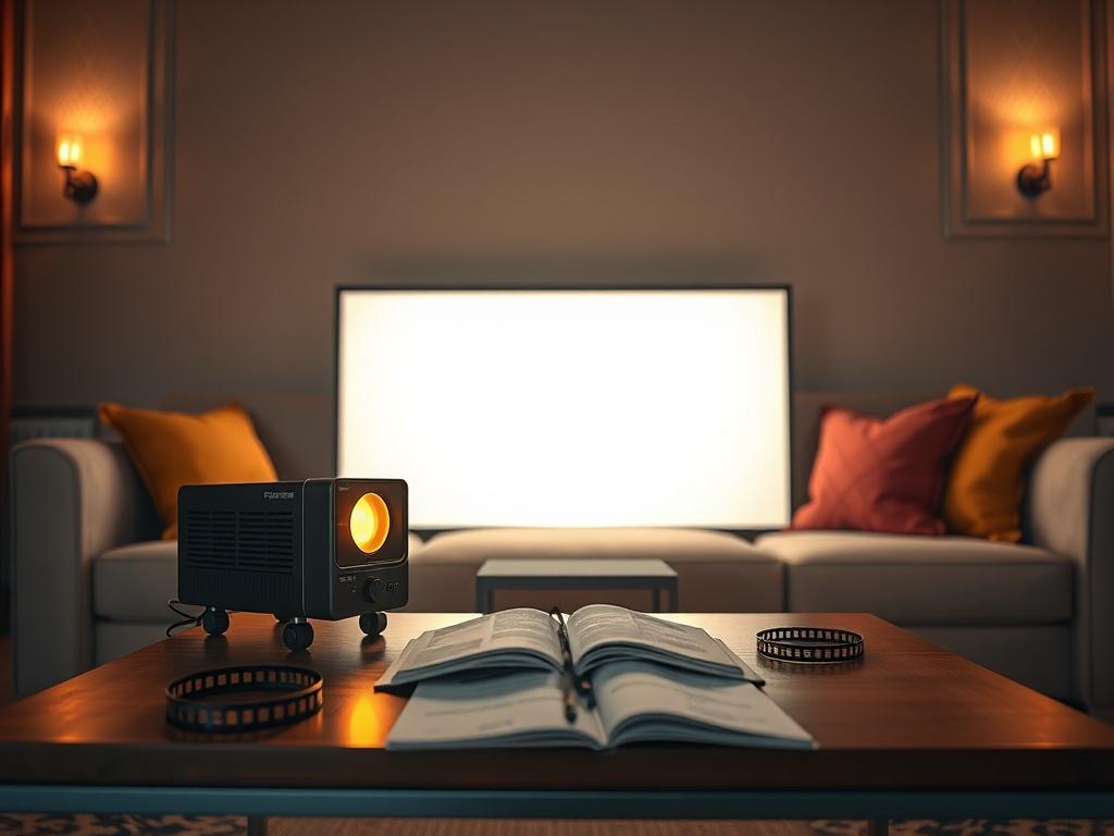 Create a realistic, high-resolution photo that captures the essence of exploring the best new films of 2023. The image should feature a single subject: a modern, sleek film projector placed on a stylish coffee table in a cozy home cinema setting. The projector should be illuminated, casting a warm glow onto a white screen in the background, which is slightly blurred to emphasize the projector as the main focus. 

The coffee table can be adorned with a few film reels and an open notebook with notes about fil