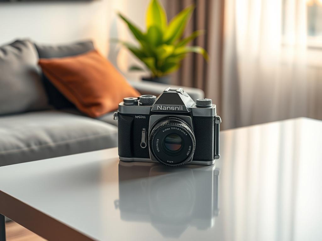 Create a realistic, high-resolution photo that captures the essence of the blog titled "Újdonságok a filmvilágban." The composition should be simple and clear, featuring a single subject: a vintage film camera placed on a sleek, modern table. The camera should be prominently displayed, exuding a sense of nostalgia yet integrating seamlessly with contemporary design. 

In the background, include a softly blurred setting that suggests a cozy home cinema environment, with a subtle bokeh effect highlighting plu