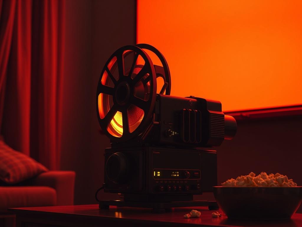 Create a highly detailed, realistic high-resolution photo that reflects the essence of a blog titled "A legjobb filmek az év végére." The composition should be simple and clear, featuring a single subject: a vintage film projector glowing in a darkened room, casting a vibrant film reel onto a blank screen. 

The projector should be intricately designed, showcasing its mechanical details, with warm light illuminating the reels of film. The background should be softly blurred to keep the focus on the projecto