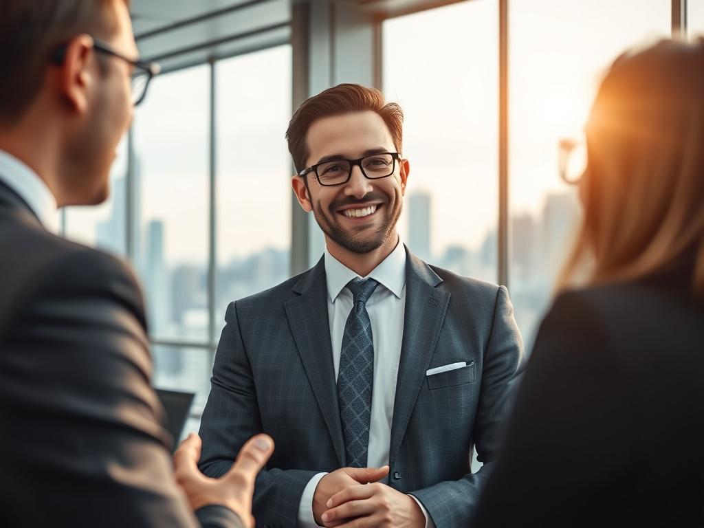 A hyper-realistic close-up shot of a confident business consultant in a tailored suit, engaging in a discussion with a client. The setting is a modern office with large windows showcasing a city skyline in the background. The consultant is smiling, exuding professionalism and approachability. The lighting is warm and inviting, emphasizing the connection between the consultant and the client. The image should have rich, vibrant colors, compatible with the rgb(122, 86, 4) primary color.