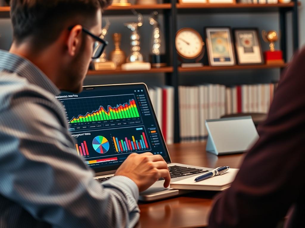 A close-up shot of a data analyst reviewing audience engagement metrics on a laptop in a stylish office environment. The screen displays colorful graphs and statistics. The analyst is focused and engaged, with a notepad and pen nearby for notes. The office backdrop includes shelves with books and awards, reflecting professionalism.