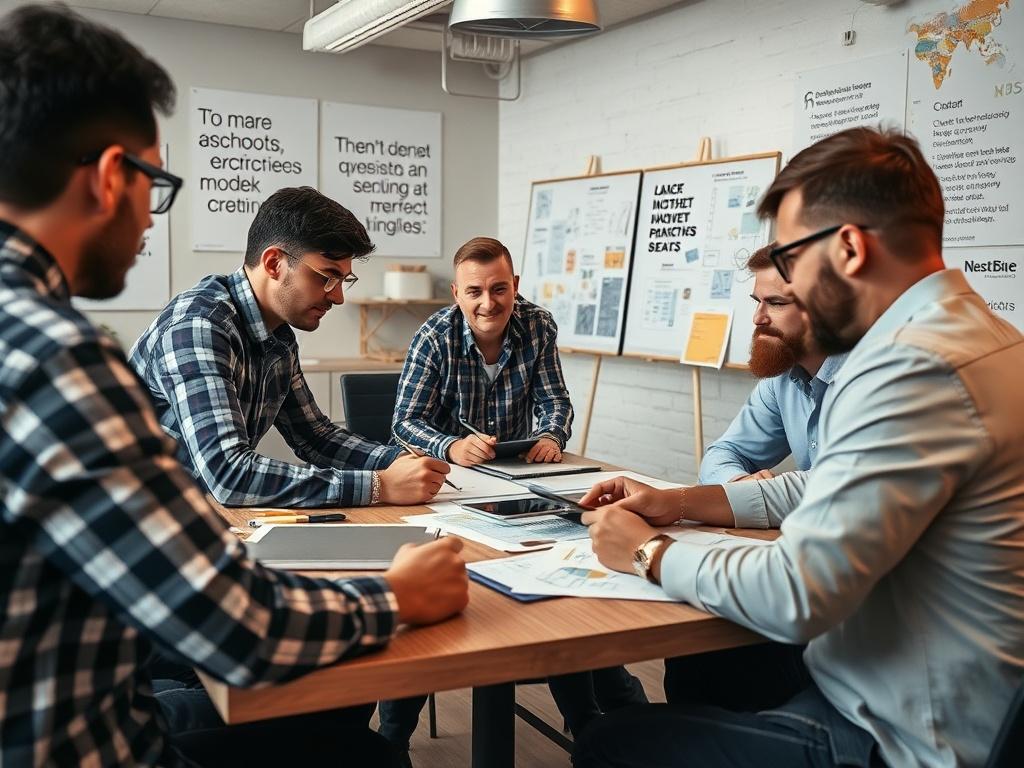 A close-up shot of a branding expert brainstorming ideas with a team in a creative office space. The team is gathered around a table with mood boards, sketches, and digital devices. The atmosphere is dynamic and collaborative, with inspirational quotes on the walls, highlighting creativity and innovation.