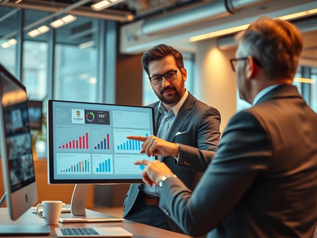 A close-up shot of a professional consultant discussing media strategies with a client in a modern office setting. The background features sleek design elements and high-end technology. The consultant is pointing to a digital screen displaying charts and data, showcasing media strategies. The lighting is warm and inviting, creating a sophisticated atmosphere.