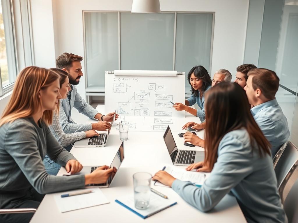 A brainstorming session with a diverse team of professionals around a conference table, discussing strategies. They have laptops open and are sharing ideas on a whiteboard. The atmosphere is collaborative and energetic. Bright lighting and a creative workspace enhance the scene.