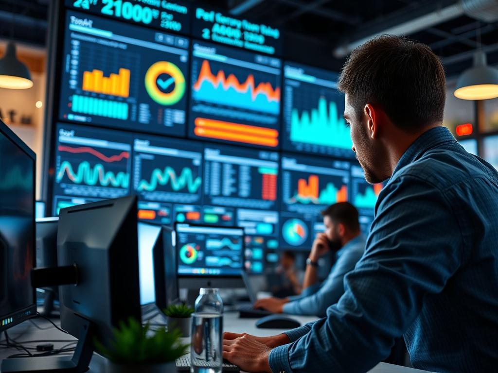 A project manager overseeing a team working on computers, monitoring progress on a digital dashboard. The setting is a vibrant office with large screens displaying metrics and timelines. The team appears focused and engaged, embodying a sense of urgency and teamwork.