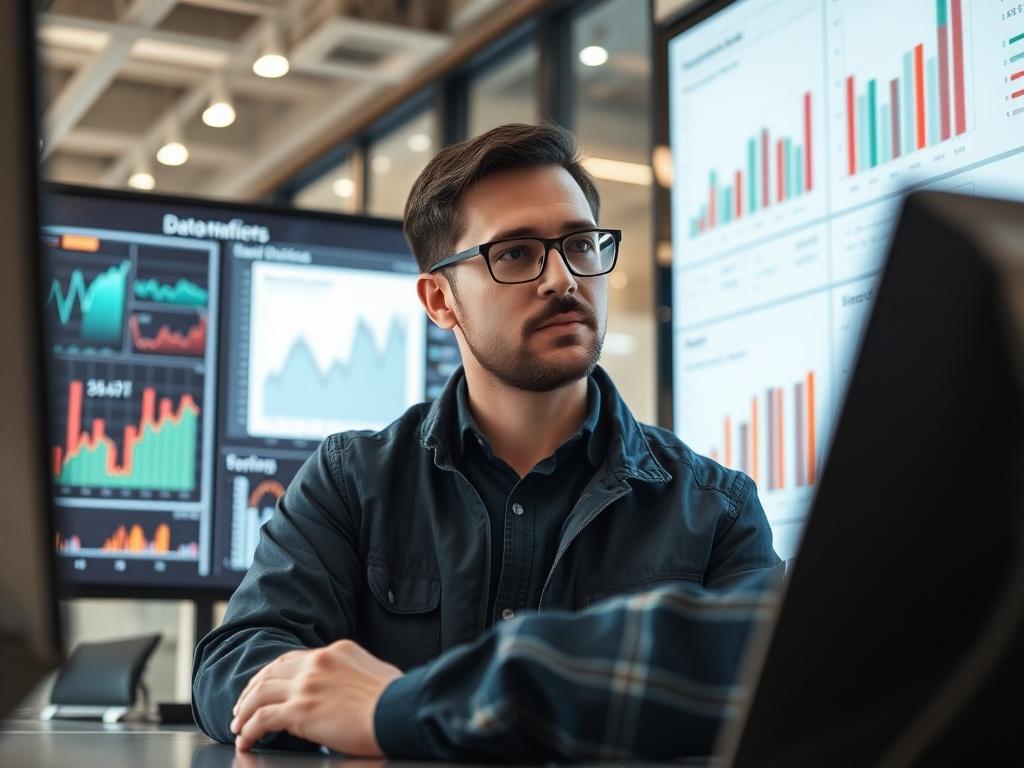 A data analyst reviewing metrics on a large screen, with graphs and charts displayed. The environment is modern and tech-savvy, reflecting a focus on data-driven decision-making. The analyst looks focused and engaged, symbolizing the importance of analysis in achieving success.