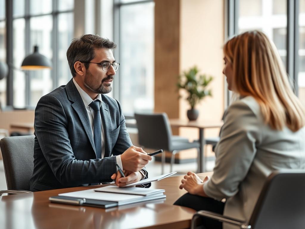 A professional consultant sitting across from a client in a modern office setting, engaged in a discussion. The consultant has a notepad and a pen, while the client appears attentive. The background shows a stylish office with contemporary decor and a large window allowing natural light. The scene conveys a sense of professionalism and collaboration.