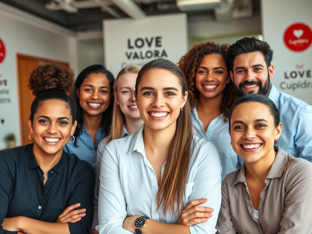 A high-resolution portrait of the Valouraé team, showcasing diverse individuals smiling and representing various roles. The setting is a modern office with branding elements of Love Valora and Cupidora in the background. The image should convey a sense of teamwork and collaboration.