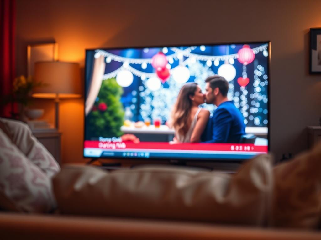 A close-up shot of a vibrant television screen displaying a romantic scene from a dating show, set against a soft-focus background of a cozy living room. The lighting is warm and inviting, with a plush sofa in the background and decorative cushions adding a touch of elegance. The colors should be rich and appealing, with a focus on reds and soft pastels to evoke feelings of love and romance. The image should capture the essence of a captivating dating television channel.