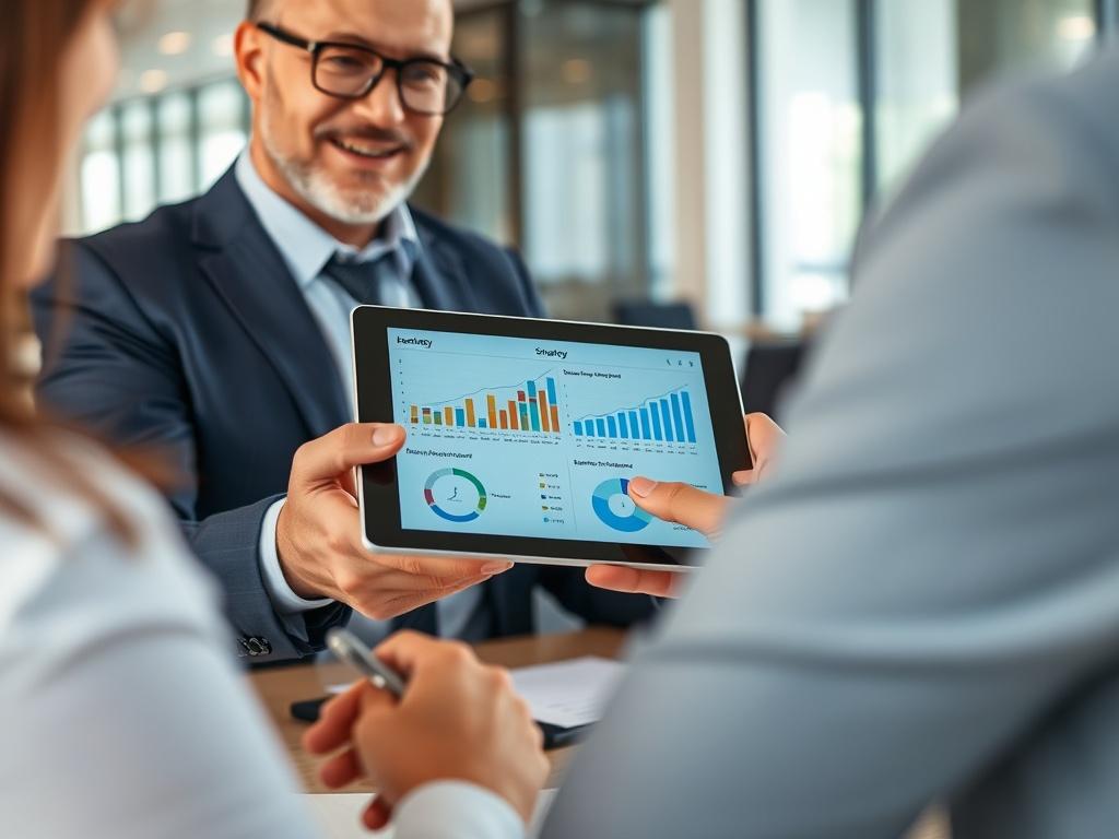 A close-up shot of a confident consultant presenting a business strategy on a tablet to a client, with charts and graphs visible, captured with a 45mm f/1.2 lens, the background should reflect a professional and modern office environment, the primary color scheme should incorporate rgb(122, 86, 4).
