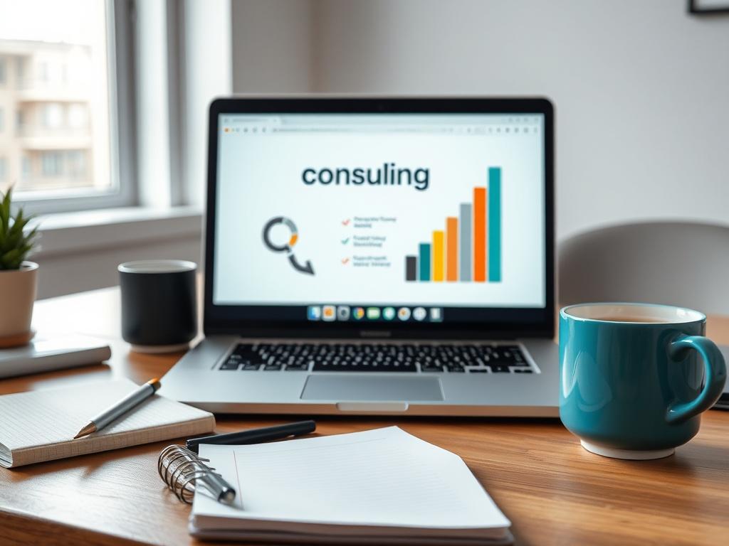 A close-up shot of a modern workspace featuring a laptop with a consulting presentation on the screen, a notebook, and a cup of coffee, captured with a 45mm f/1.2 lens, the workspace has natural light coming in from a nearby window, the primary color scheme should reflect rgb(122, 86, 4).
