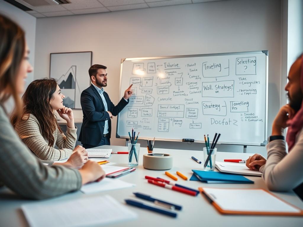 A close-up shot of a team brainstorming session with a whiteboard filled with ideas and strategies, notepads, and pens scattered on the table, captured with a 45mm f/1.2 lens, the setting should have a bright and inspiring atmosphere, reflecting a collaborative spirit, the primary color scheme should align with rgb(122, 86, 4).