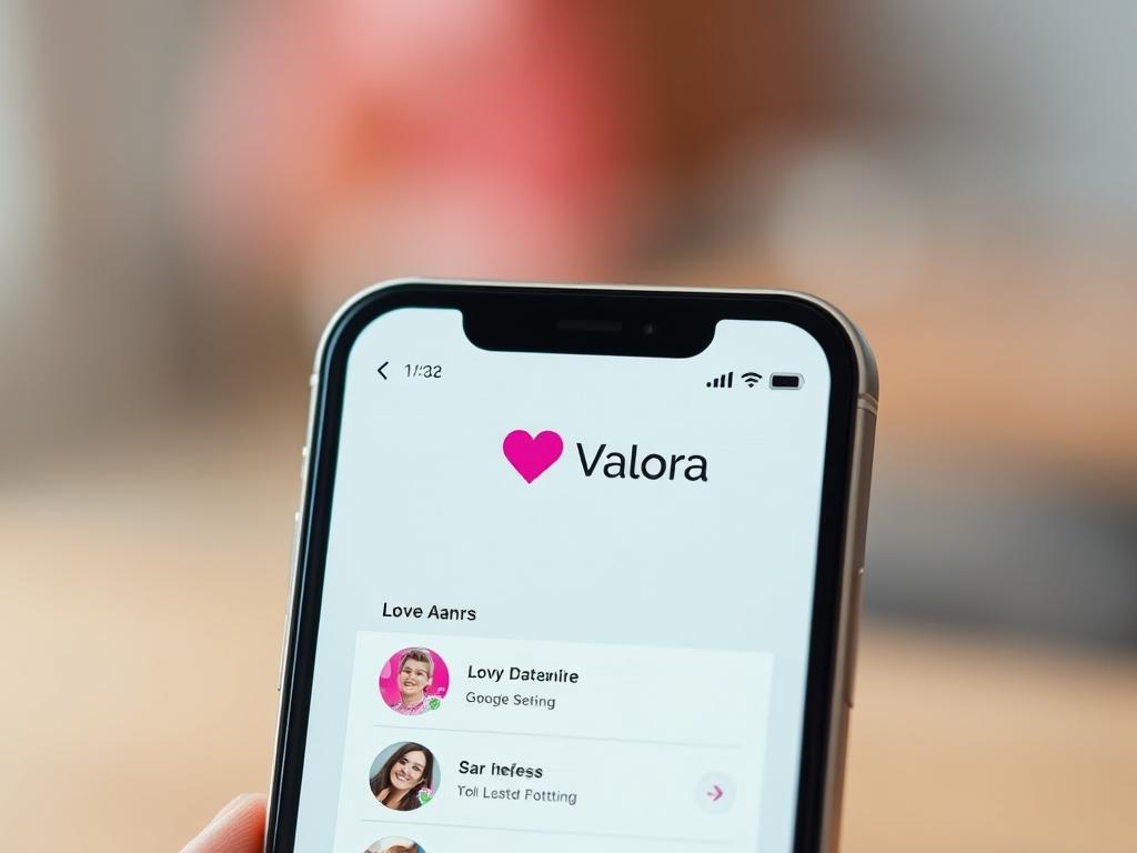 A close-up shot of a smartphone displaying the Love Valora dating app interface, with a clean and modern design. The background should be lightly blurred to emphasize the app's features. Shot with a 45mm f/1.2 lens style, showcasing realistic details. The primary color of the image should incorporate rgb(205, 48, 52) elements subtly in the app's interface.