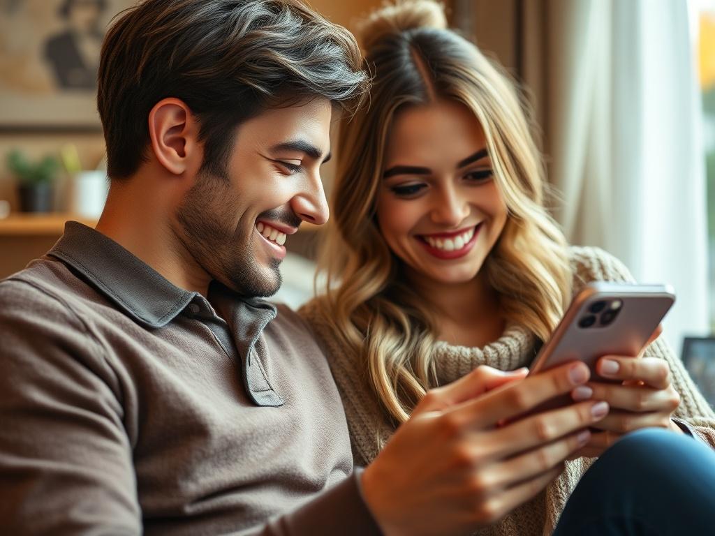 A close-up shot of a happy couple using the Love Valora dating app together, engaging with the interface. The setting is warm and inviting, emphasizing connection and interaction. Shot with a 45mm f/1.2 lens style, focusing on emotional expressions and app features. The primary color of the image should reflect rgb(205, 48, 52) in the app design.