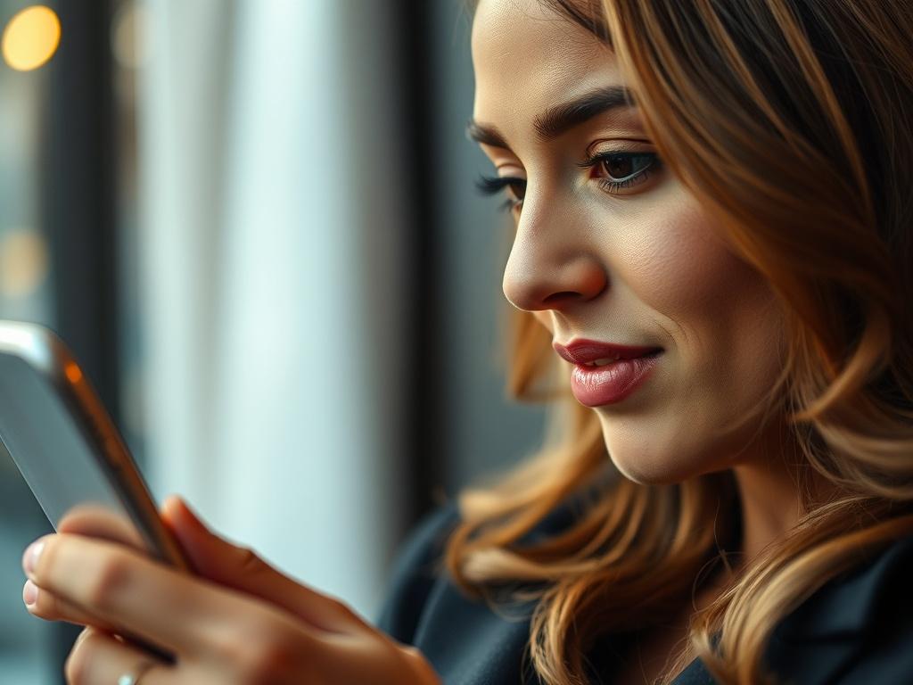 A close-up shot of a confident individual browsing through curated matches on the Love Valora app. The scene conveys sophistication and exclusivity, highlighting the VIP experience. Shot with a 45mm f/1.2 lens style, focusing on the user's expression of excitement. The primary color of the image should integrate rgb(205, 48, 52) subtly in the interface.
