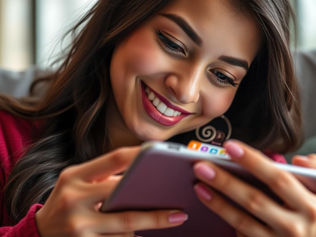 A close up shot of a person smiling while using