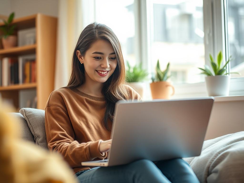 **AI Image Generation Prompt:**

Create a highly detailed, hyper-realistic high-resolution photo featuring a young woman sitting in a cozy, well-lit room, engaged in an online dating experience. She is casually dressed, with a warm smile as she interacts with her laptop. The composition should include her in the center of the frame, with her laptop open in front of her, and a soft-focus background that suggests a homey environment—perhaps a stylish bookshelf or a few indoor plants that evoke a sense of comf