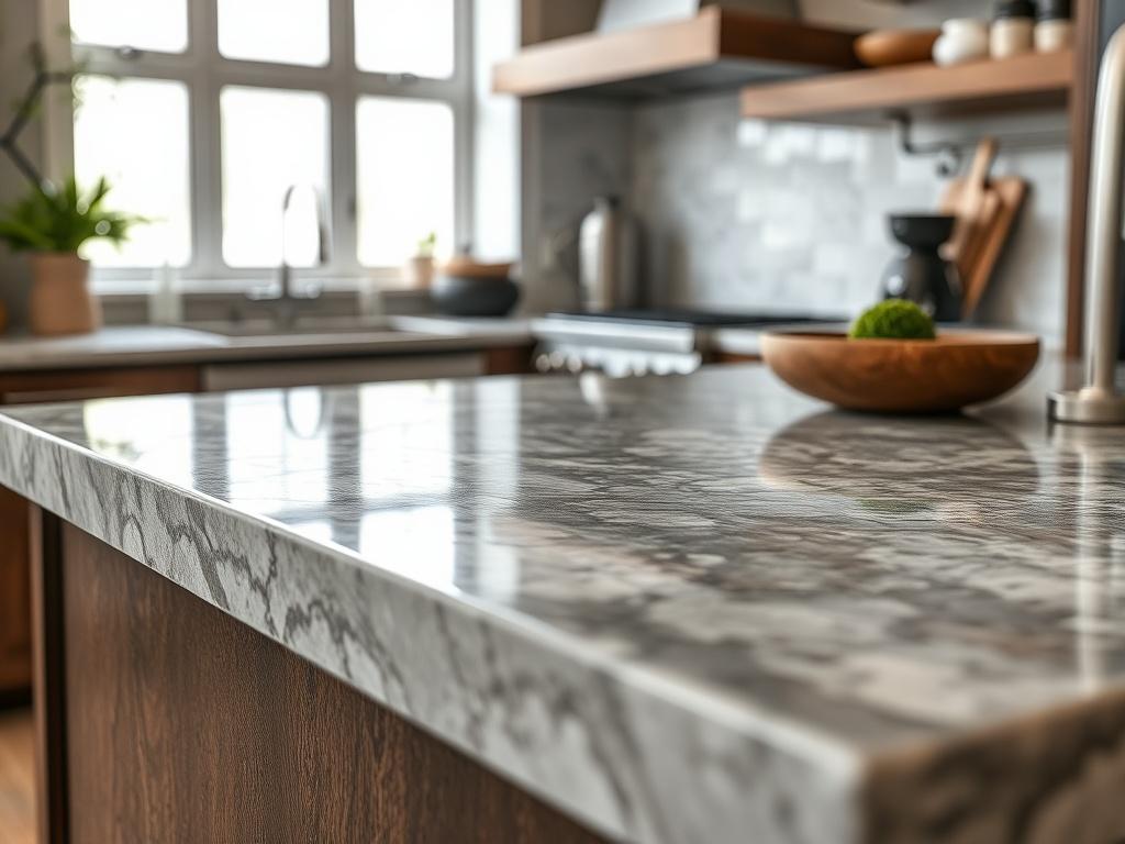 A hyper-realistic close-up shot of a beautifully crafted stone countertop showcasing intricate textures and patterns. The countertop should reflect natural stone features, set against a softly blurred kitchen background to highlight its elegance. The image should be shot with a 45mm f/1.2 lens to emphasize detail and depth, with a color palette compatible with rgb(85, 141, 151).