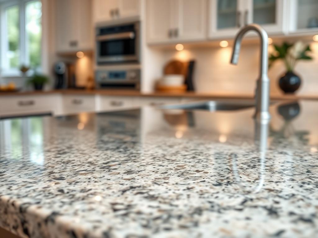 A close-up shot of a resurfaced granite countertop, showcasing its renewed luster and smooth finish. The image should capture the transformation effect, with a blurred background of a stylish kitchen, highlighting the countertop's revitalized appearance. The image should be hyper-realistic, shot with a 45mm f/1.2 lens style, and compatible with the rgb(85, 141, 151) primary color.