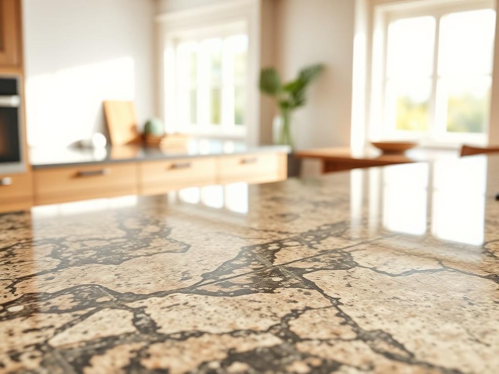 A close-up shot of a beautifully crafted granite countertop, showcasing its intricate patterns and textures in natural light. The background should be blurred to emphasize the countertop, with a warm, inviting kitchen setting that suggests modern elegance. The image should be hyper-realistic, shot with a 45mm f/1.2 lens style, and compatible with the rgb(85, 141, 151) primary color.