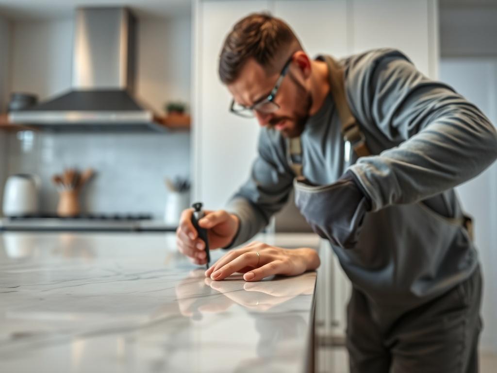 A close-up shot of a technician expertly repairing a quartz countertop, highlighting the precision and care involved in the process. The background should be softly blurred, focusing on the technician's hands and tools, against a well-lit kitchen environment that reflects a professional atmosphere. The image should be hyper-realistic, shot with a 45mm f/1.2 lens style, and compatible with the rgb(85, 141, 151) primary color.