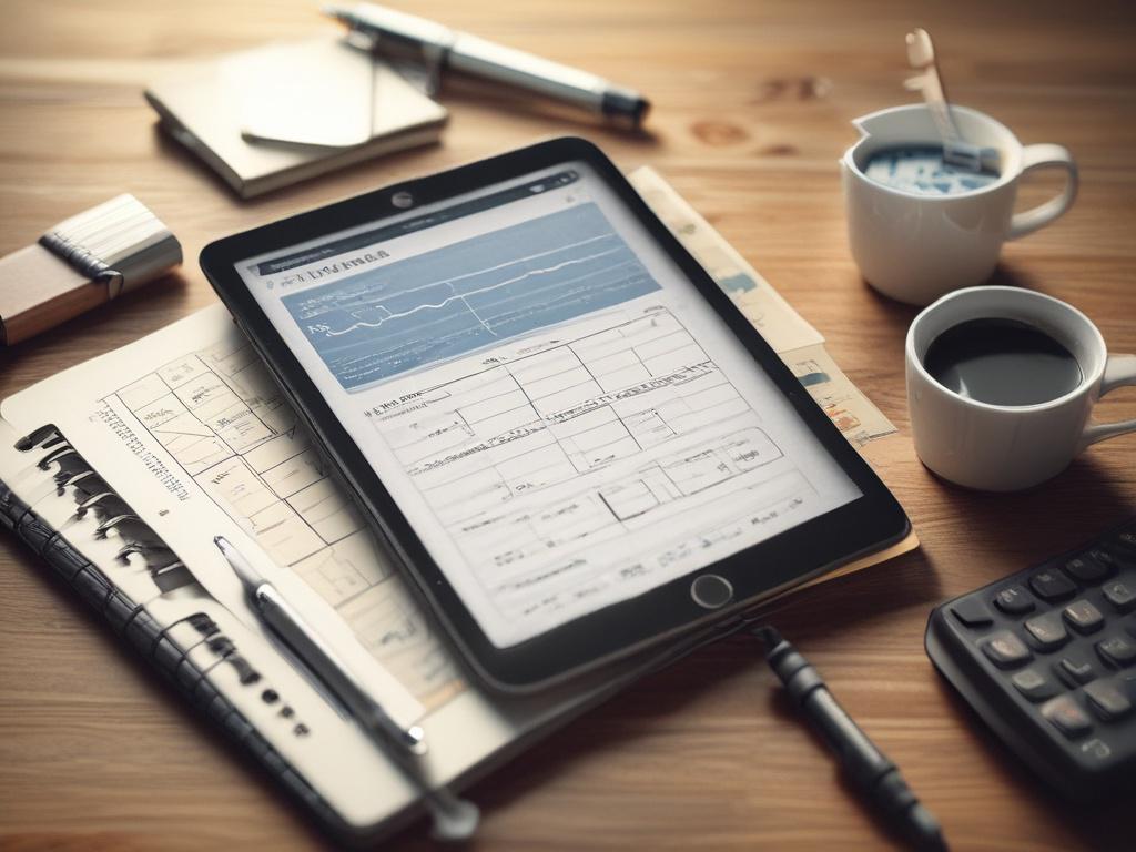 A high-resolution close-up shot of a digital tablet displaying financial planning tools, such as a budget planner and tax checklist, on a wooden desk. The background is softly blurred, emphasizing the tablet. The lighting is warm and inviting, creating a sense of inspiration and empowerment.