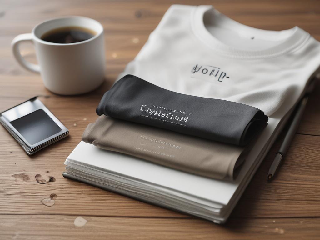 A collection of high-quality branded apparel, journals, planners, and cups displayed on a simple, elegant wooden table. The apparel includes a stylish t-shirt and a hoodie with subtle branding, while the journals and planners are neatly stacked beside a beautifully designed cup. The background is softly blurred to emphasize the products, evoking a warm and inviting atmosphere.