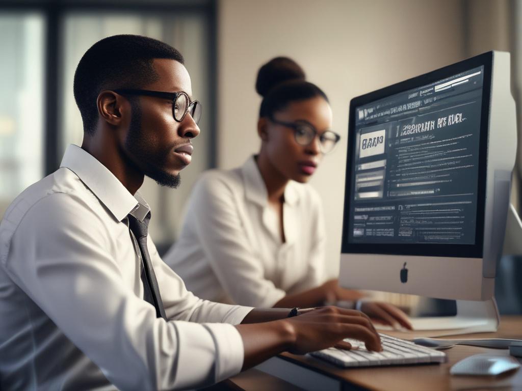 An African American individual sitting in front of a computer screen that visibly displays the words 'Credit Repair'. The person is focused and engaged, with a look of determination on their face. The background is bright and inviting, suggesting a home office setting with soft, warm lighting. The composition is simple and clear, emphasizing the individual and the screen.