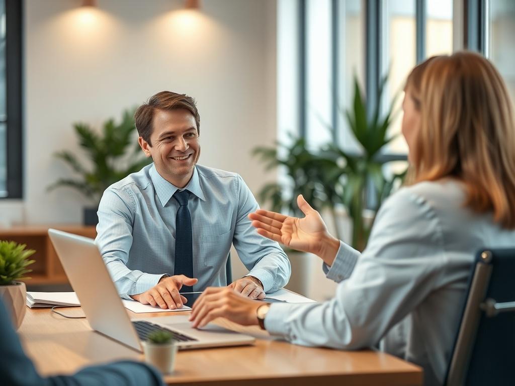 A professional insurance agent sitting at a desk, engaging with a client. The agent is smiling and gesturing towards a laptop displaying insurance options. The background is an inviting office space with soft lighting and plants, creating a welcoming atmosphere.