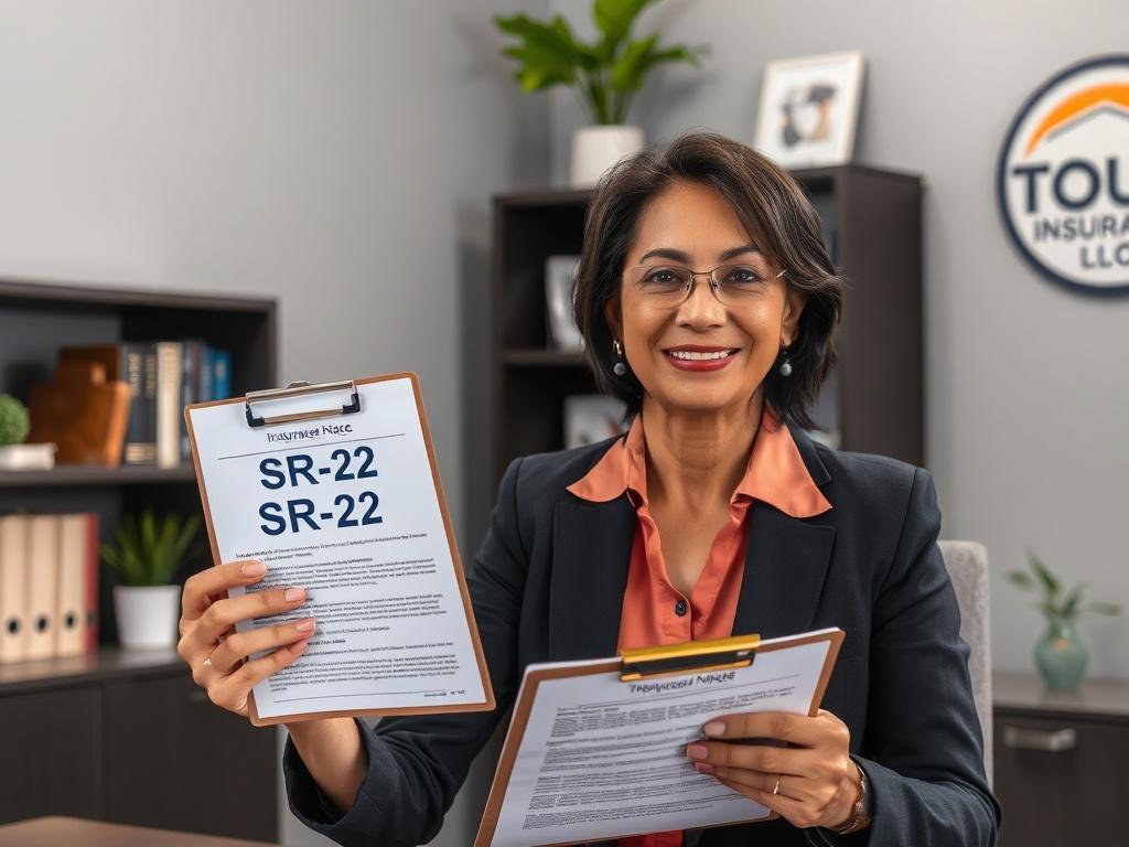 **AI Image Generation Prompt:**

Create a realistic high-resolution image that visually represents the concept of SR-22 insurance requirement. The composition should feature a close-up of a confident, professional insurance agent from TOUCAN Insurance LLC, sitting at a desk in a well-lit office environment. The agent, a middle-aged Hispanic woman dressed in business attire, should be holding a clipboard with a visible SR-22 form to signify the importance of this document for driving legally in Utah.

The ba