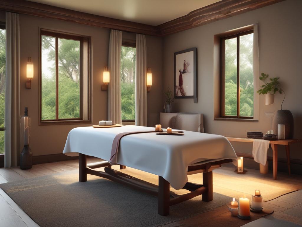 A serene spa setting featuring a luxurious massage table adorned