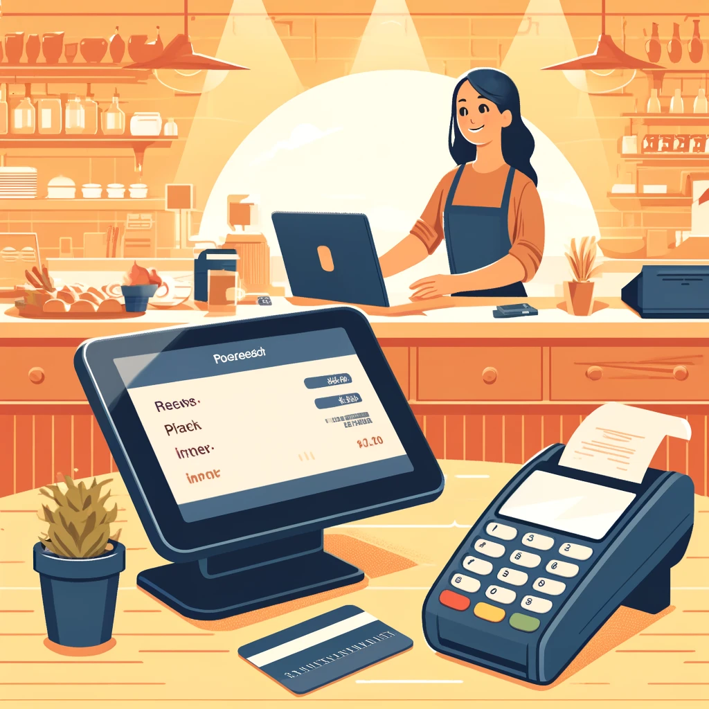 dall·e 2024-04-04 23.25.07 - a welcoming image illustrating a seamless billing process in a restaurant setting. it should show a digital pos system on a countertop with a user-fri.webp