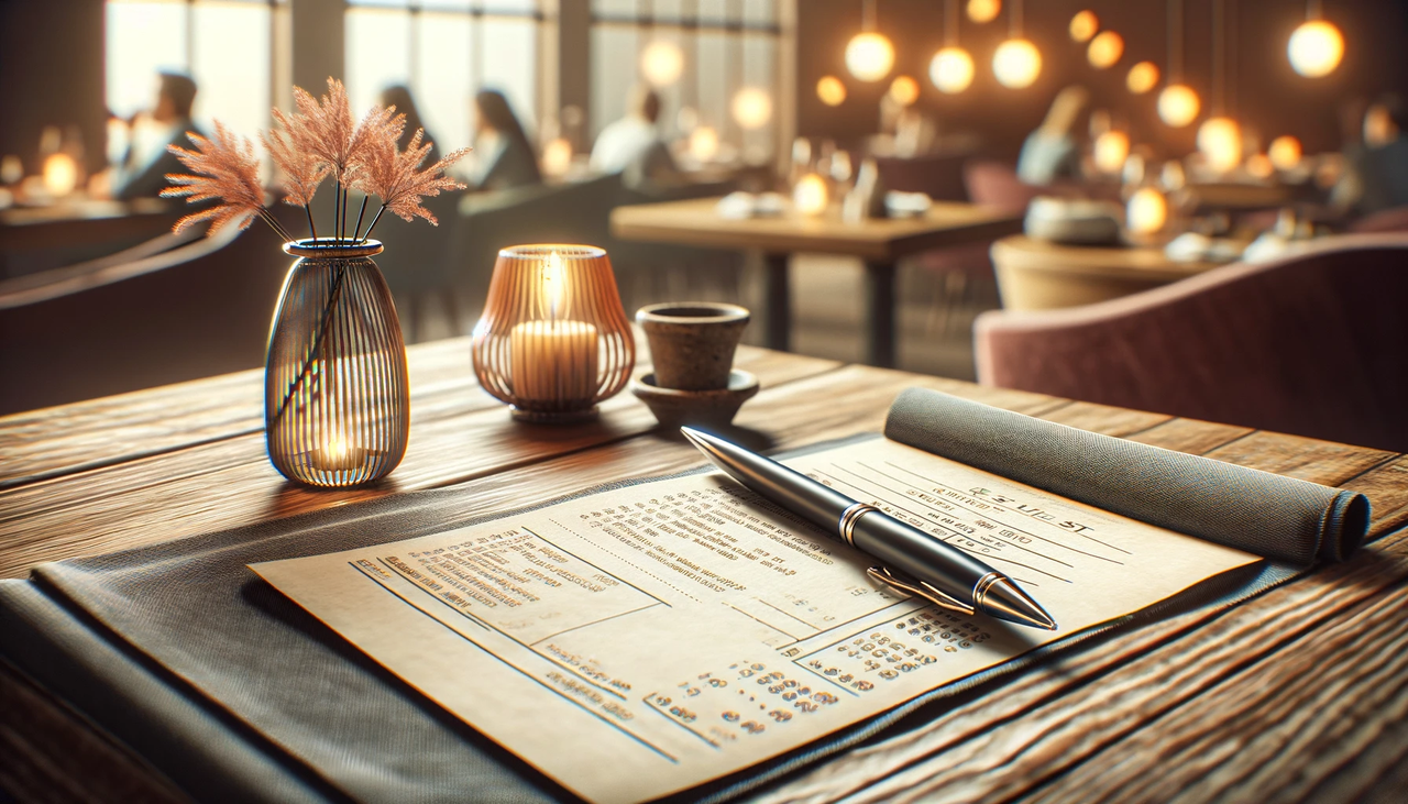 dall·e 2024-03-31 13.33.24 - an image illustrating the concept of restaurant billing, showcasing a close-up view of a detailed bill or receipt on a wooden table, with a stylish pe.webp
