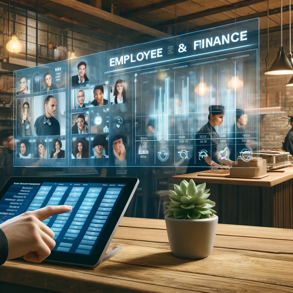 dall·e 2024-04-04 23.25.09 - an image depicting employee and finance management in a restaurant setting, showing a split-screen digital display. one side should feature an employe.webp
