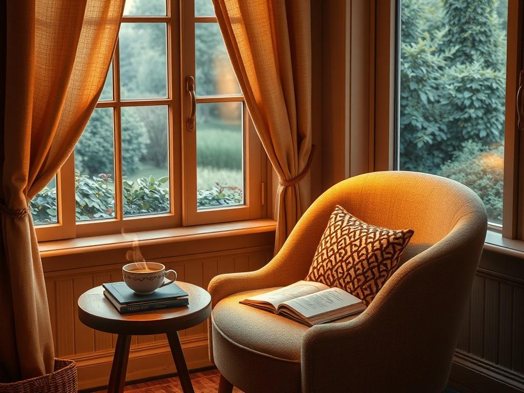 A cozy reading nook with a comfortable armchair, a small