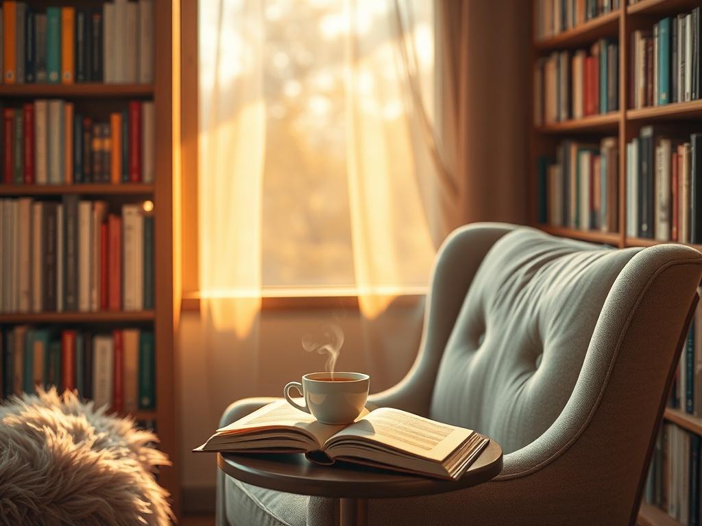 A cozy reading nook with a plush armchair and a