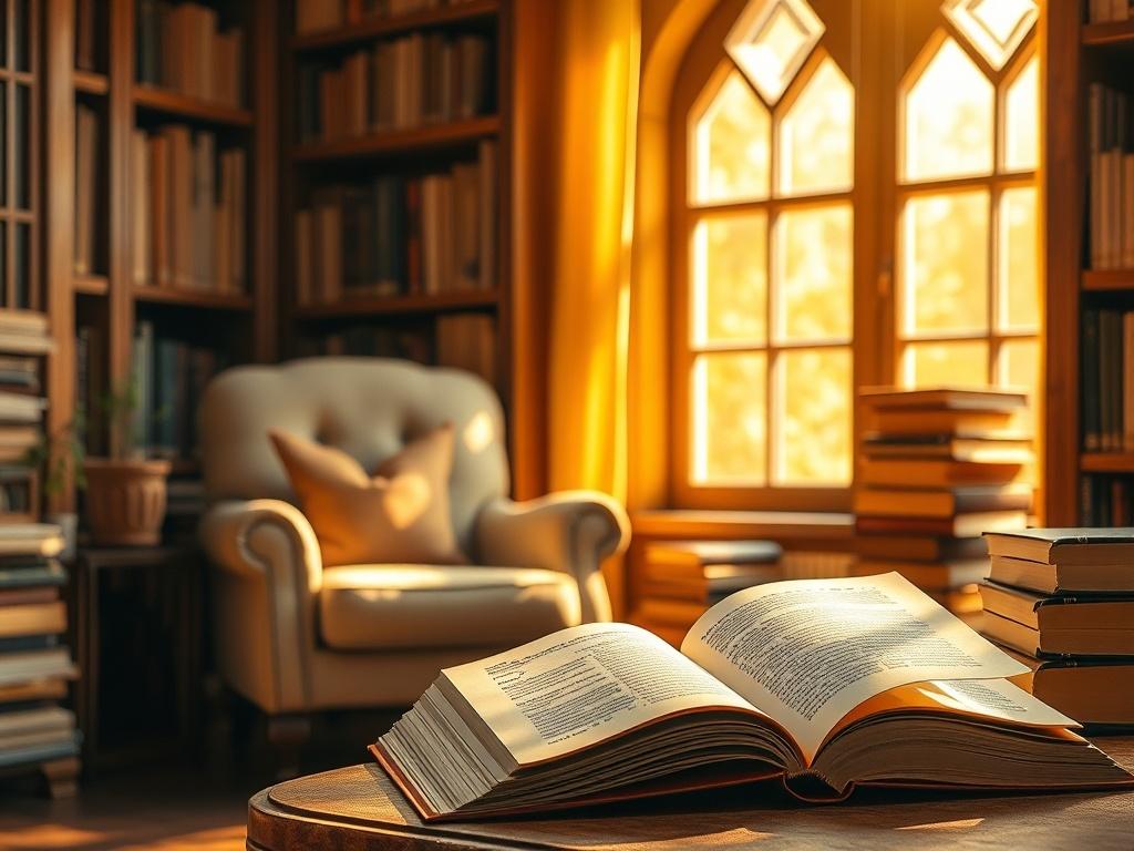 A serene library setting with a comfortable reading chair and