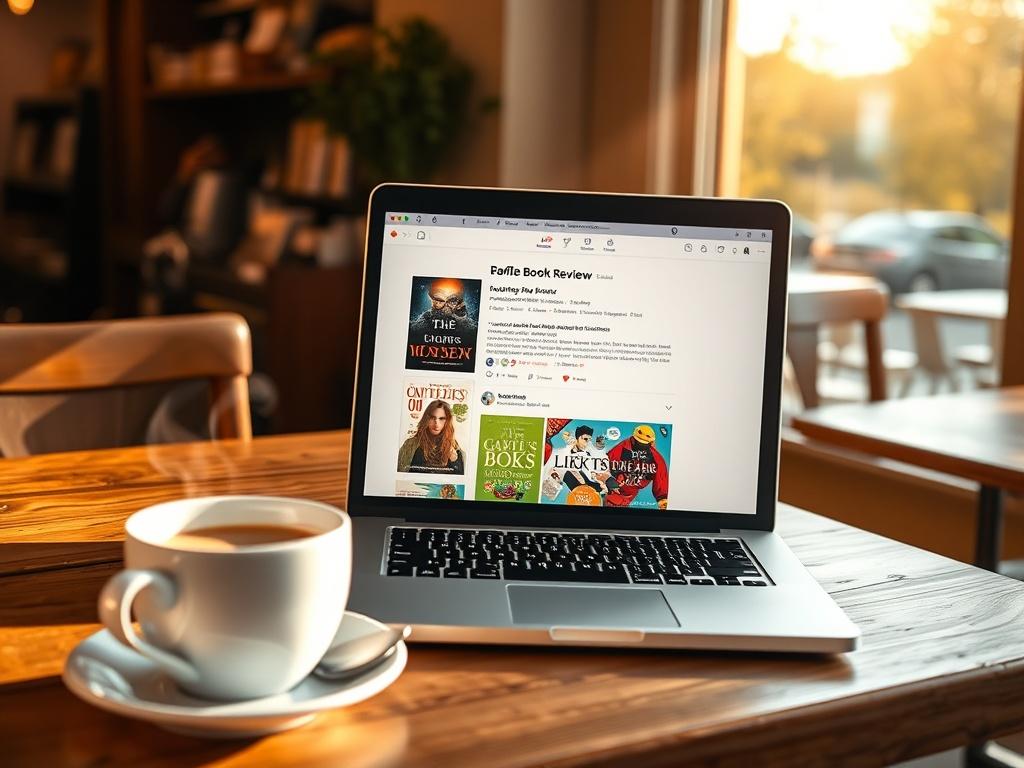 An inviting coffee shop scene with a laptop open to