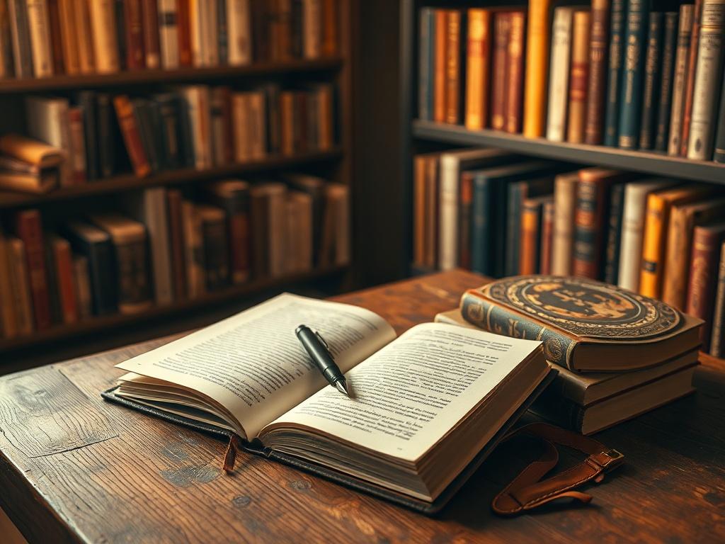 **Prompt for AI Image Generator:**

Create a realistic high-resolution photo that captures the essence of creating engaging book reviews. The composition should be simple and clear, featuring a single subject: a cozy reading nook. 

The subject should include a well-worn wooden desk adorned with an open notebook and a stylish pen, indicative of the book review writing process. Surround the notebook with a few carefully placed, classic hardcover books, their spines visible, to emphasize the literary theme. 
