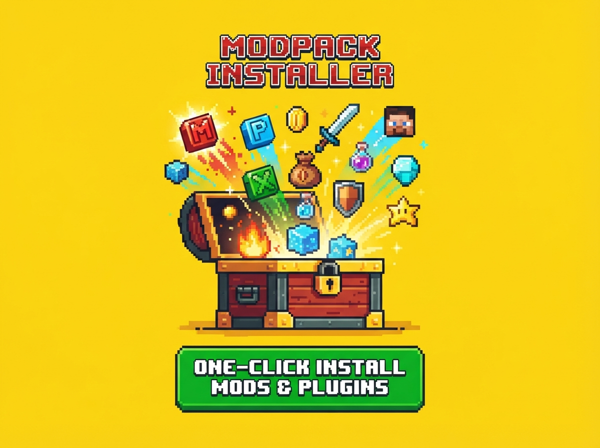Pixel-art treasure chest with modpacks and a one-click install button