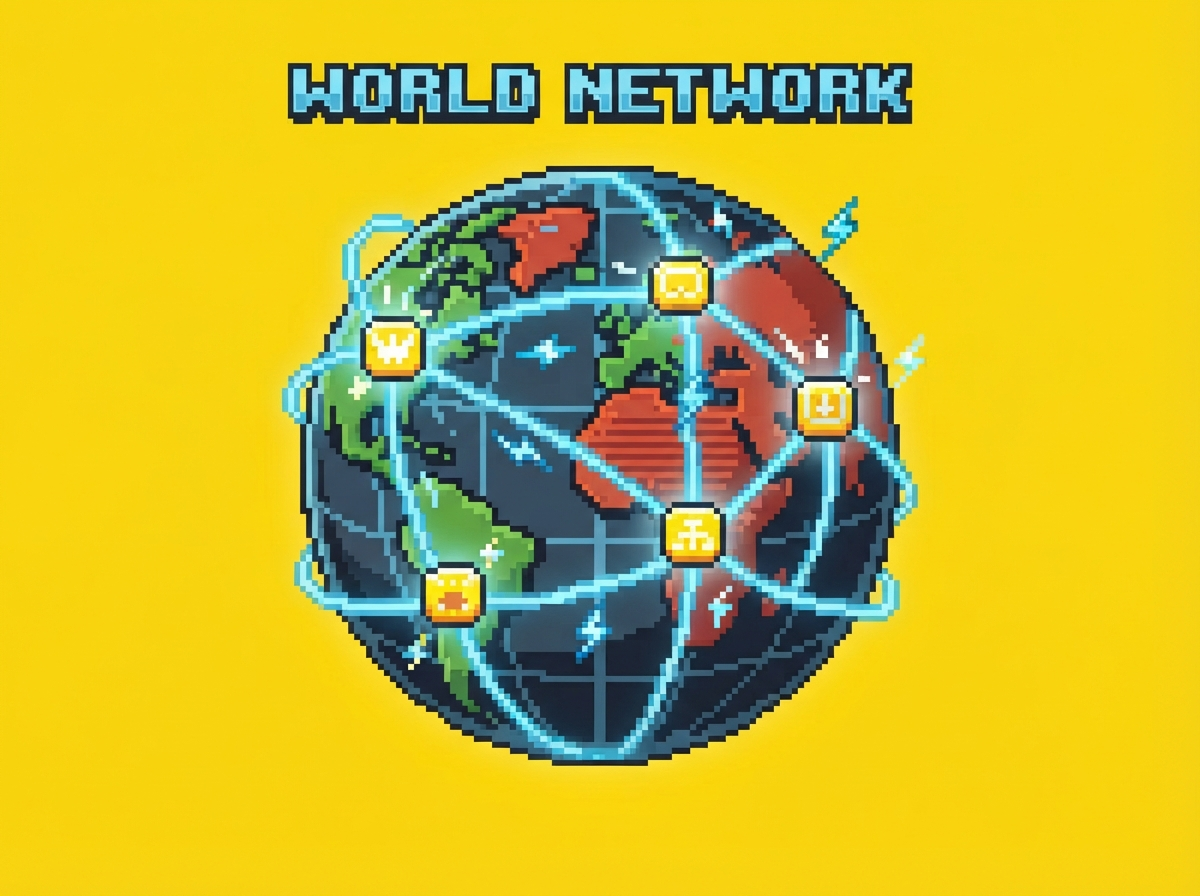 Pixel-art globe with low-latency game nodes across continents