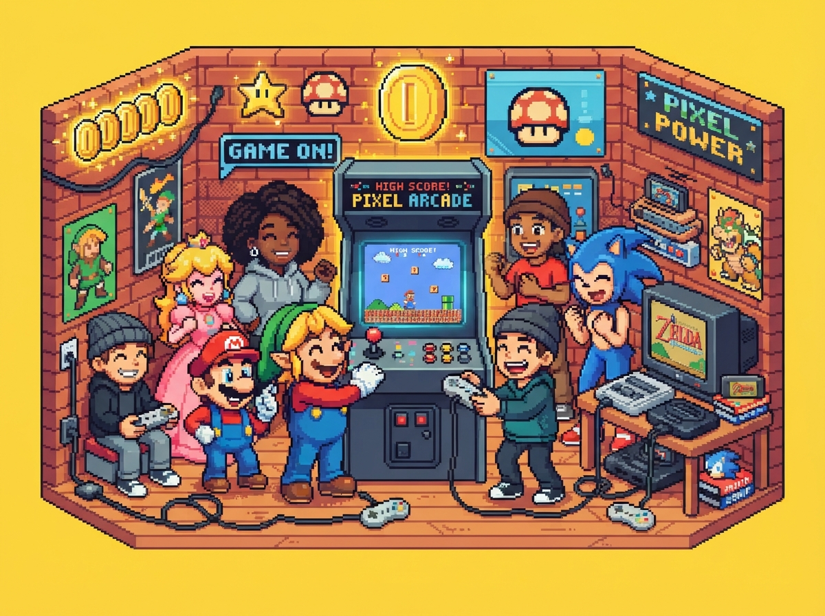 Pixel-art gaming community gathered around an arcade cabinet and consoles
