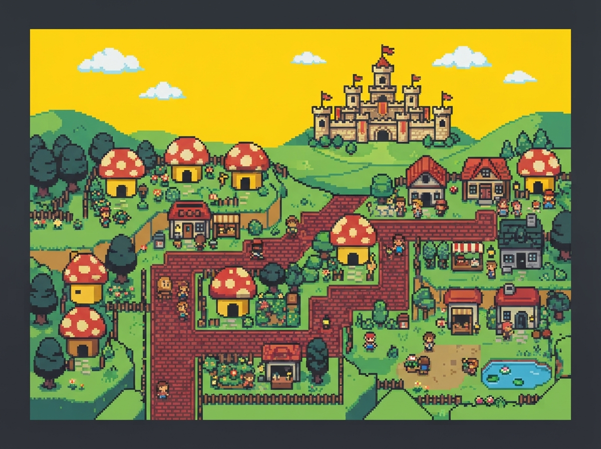 Pixel-art private community game world with mushroom houses