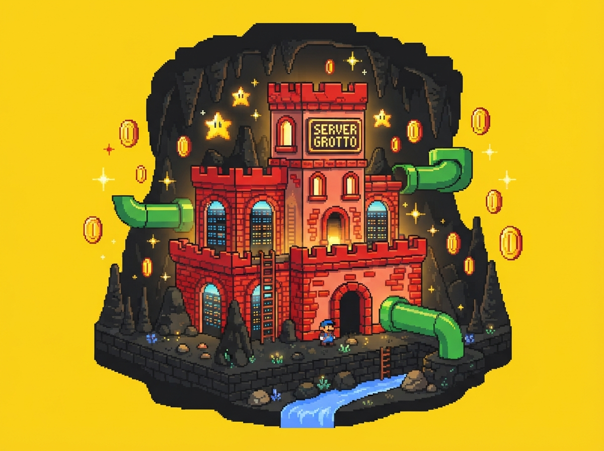 Pixel-art underground game-server grotto with glowing server racks, coins and green pipe tunnels