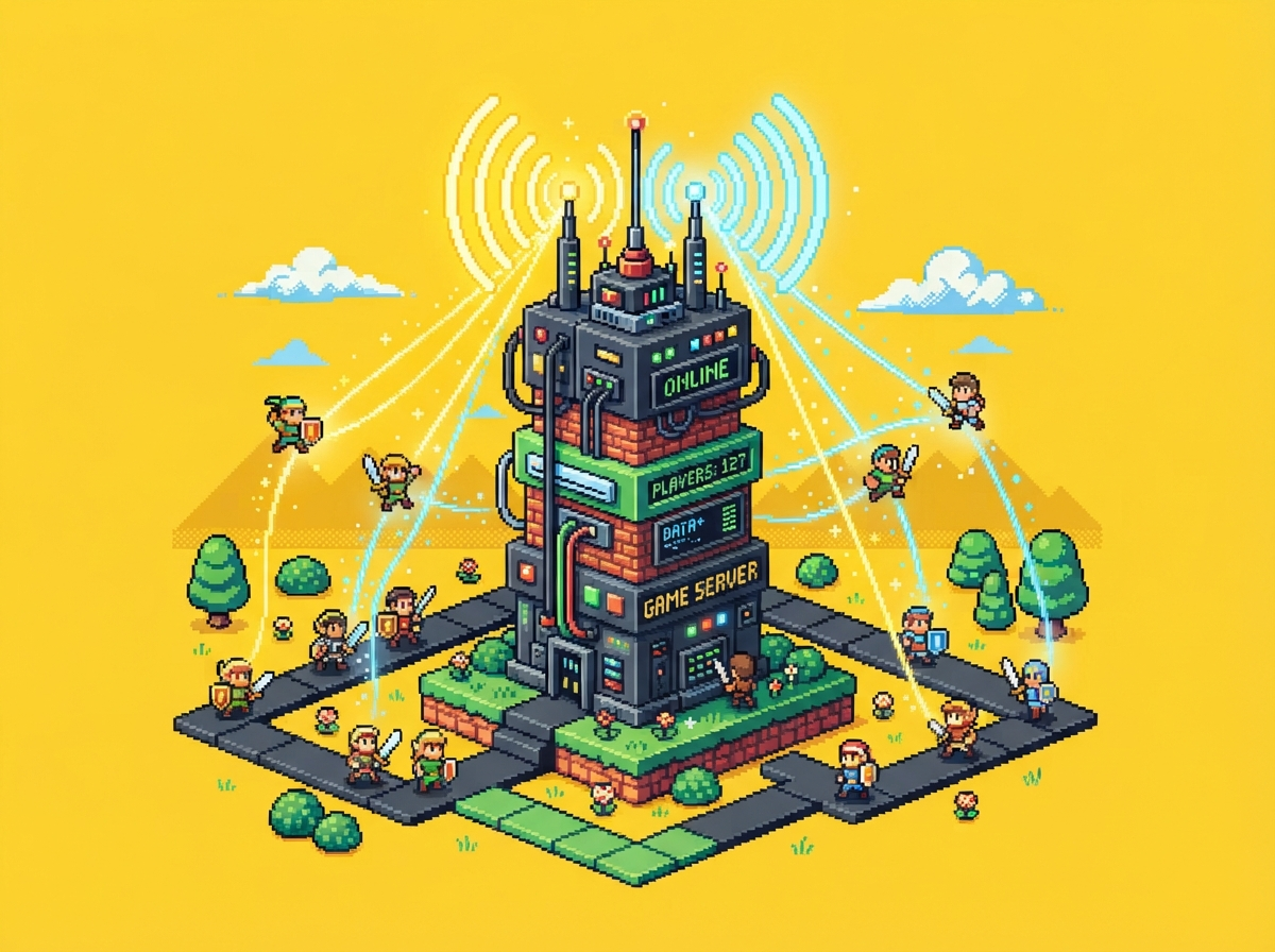 Pixel-art multiplayer game server tower with players connecting